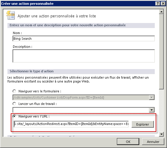 Boîte de dialogue Créer une action personnalisée