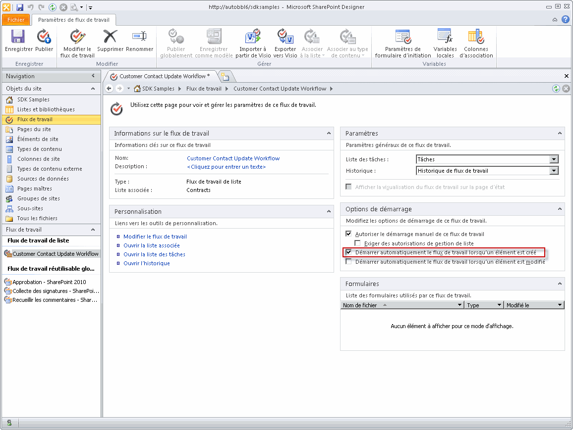 Options de démarrage du flux de travail