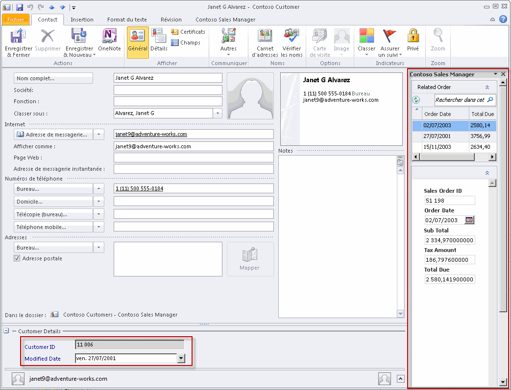 Propriétés du client dans l’Inspecteur Outlook