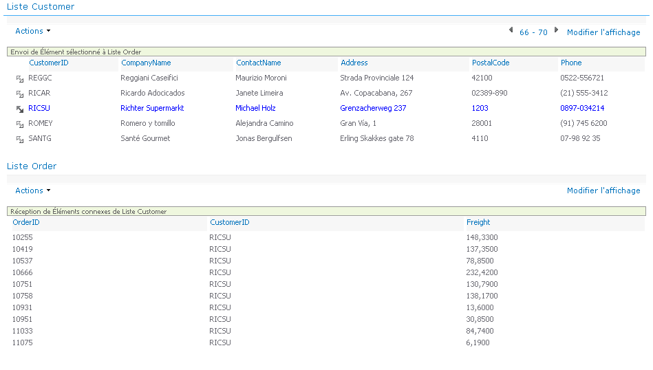 Liste de données métiers et liste liée aux données métiers