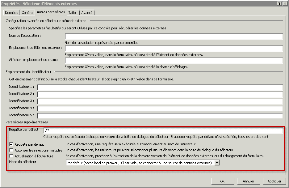 Onglet Autres paramètres de sélecteur d’éléments externes