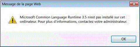 Boîte de dialogue d’erreur .NET Framework 3.5 pas installé