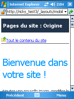 Page d’accueil de l’affichage mobile non personnalisée