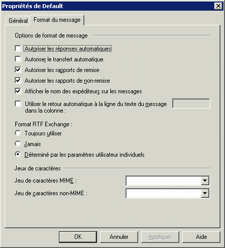 Propriétés du domaine distant - onglet Format du message