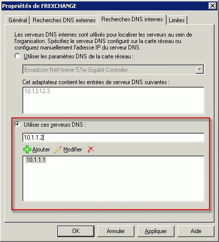 Recherches DNS internes définies pour utiliser un serveur DNS