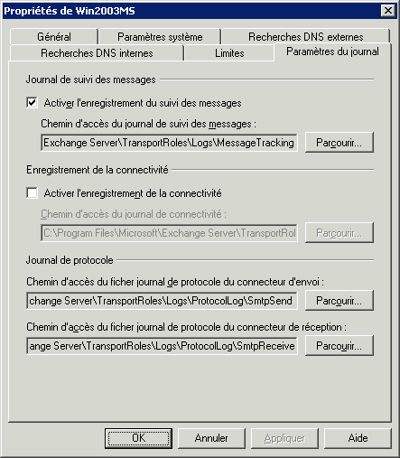 Capture d'écran de l'onglet Paramètres du journal dans SP1