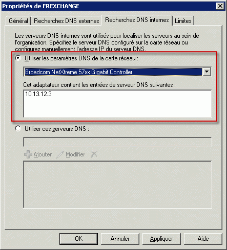 Recherches DNS internes définies pour utiliser une carte réseau