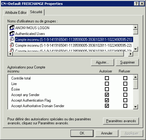 Onglet Sécurité du connecteur de réception dans l'éditeur ADSI
