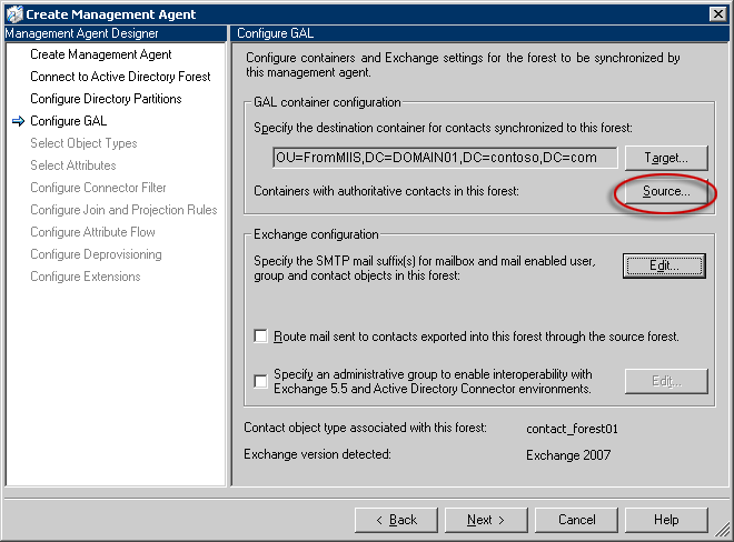 Page Configuration de la liste d'adresses globale, bouton Source