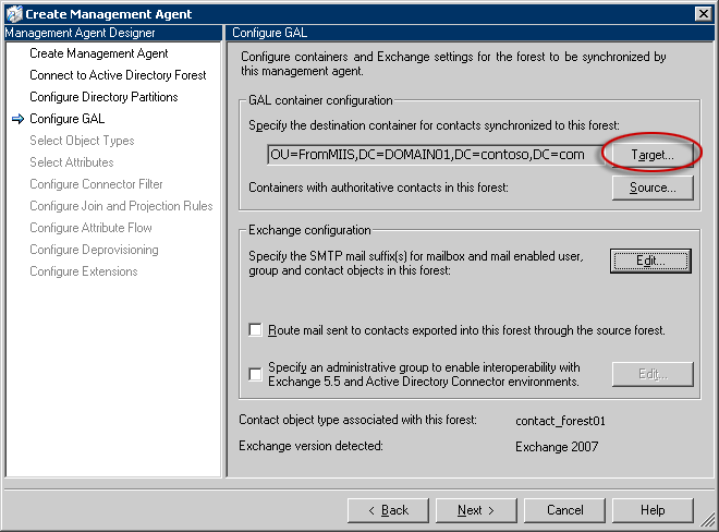 Page Configuration de la liste d'adresses globale, bouton Cible