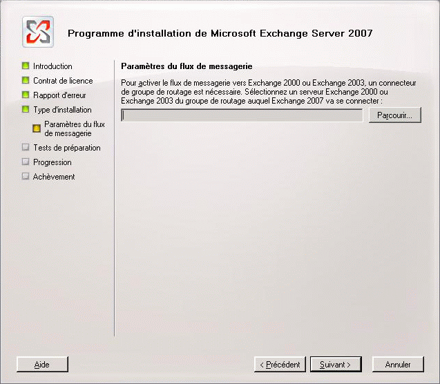 Assistant Installation - page Paramètres du flux de messagerie