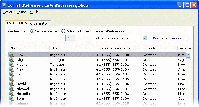 Listes d'adresses affichées dans Outlook 2007