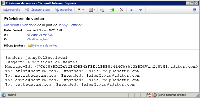 État de journal indiquant des destinataires étendus