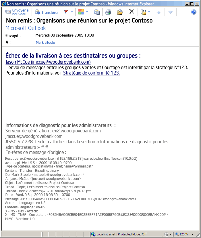 Notification d’échec de remise générée par une règle de transport de séparation déontologique