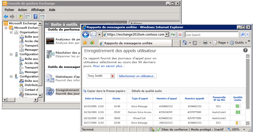 Rapport Enregistrements des appels utilisateur dans le panneau de configuration Exchange