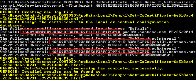 Sortie de Set-CsCertificate sur IIS WebExt