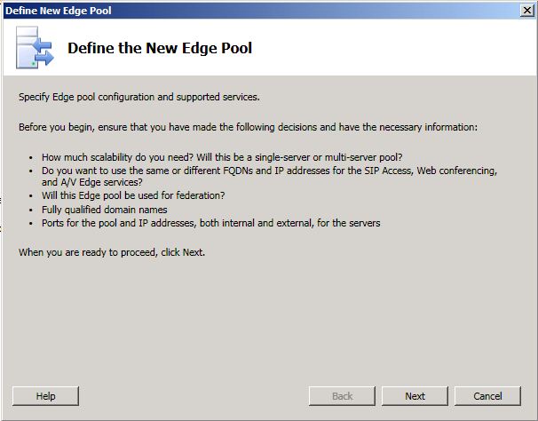 Définir la boîte de dialogue Nouveau pool edge