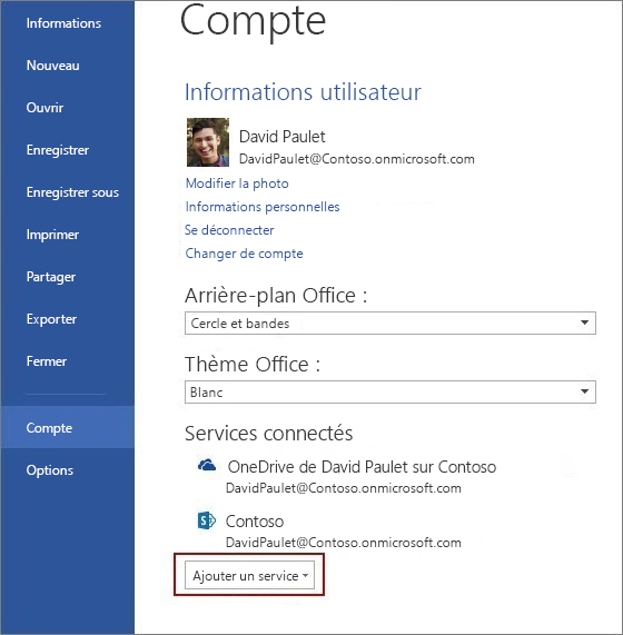 Paramètres de compte dans Office.