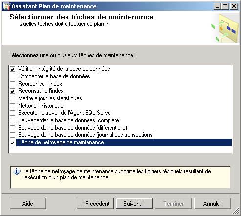 Page Sélectionner des tâches de maintenance