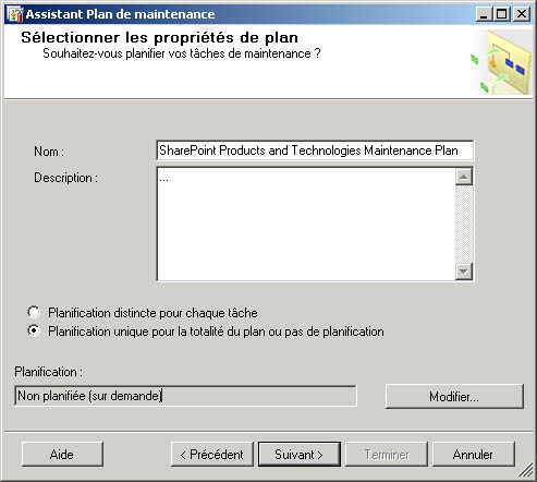 Page Sélectionner les propriétés de plan