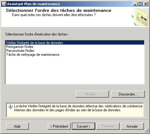 Page Sélectionner l'ordre des tâches de maintenance