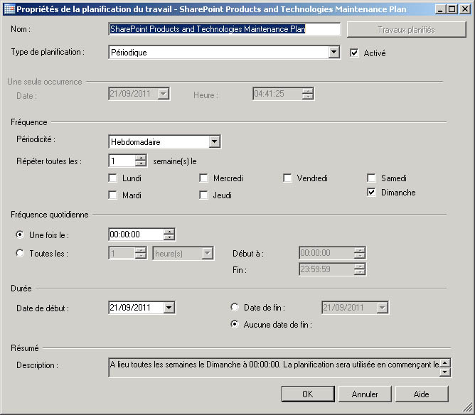 Boîte de dialogue Propriétés de la planification du travail