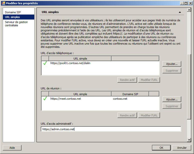 Boîte de dialogue URL d’accès administratif