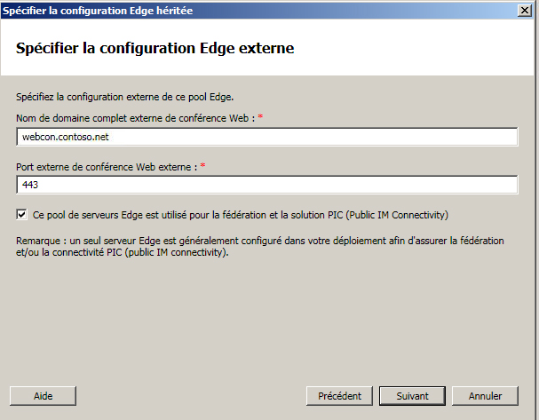 Boîte de dialogue Spécifier la configuration Edge externe