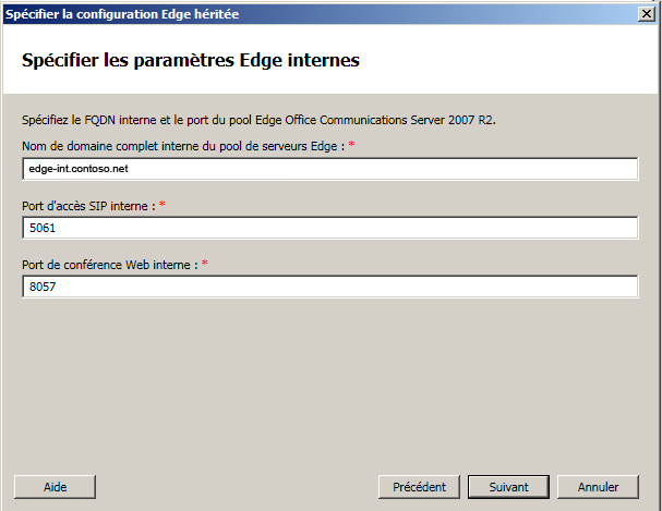 Boîte de dialogue Spécifier les paramètres Edge internes