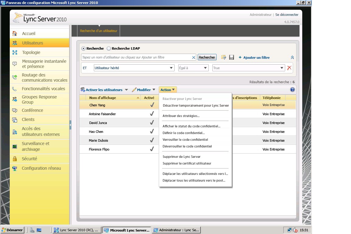 Lync Server - Panneau de configuration - Déplacer les utilisateurs sélectionnés