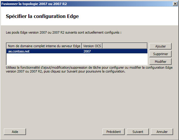 Fusion de topologies - Boîte de dialogue Spécifier la configuration Edge