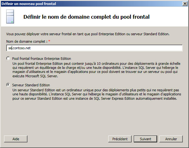 Définir le serveur frontal pour Serveur Standard Edition