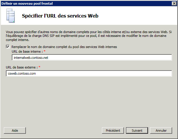 Pool frontal - Spécifier l’URL des services Web