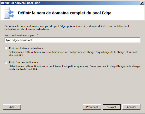 Boîte de dialogue Définir le nom de domaine complet du pool Edge