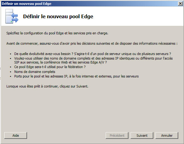 Boîte de dialogue Définir le nouveau pool Edge