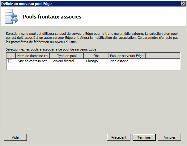 Boîte de dialogue Pools frontaux associés