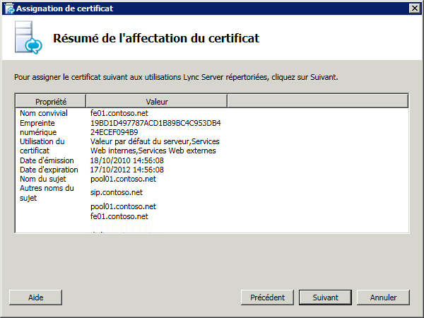 Page Résumé de l’affectation du certificat