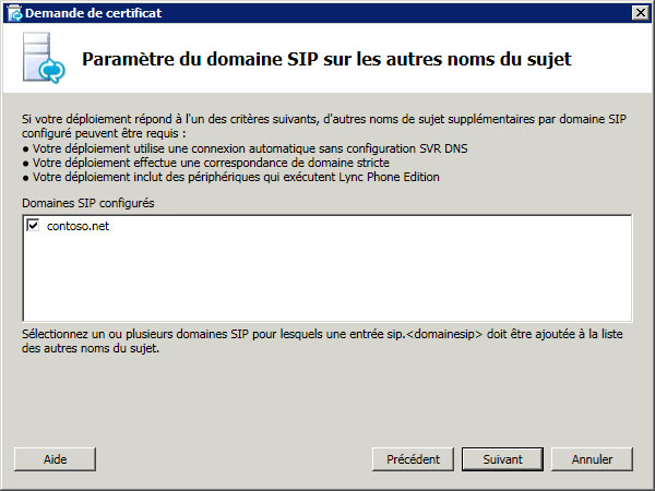 Boîte de dialogue Paramètre du domaine SIP sur les autres noms du sujet