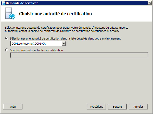 Boîte de dialogue Choisir une autorité de certification