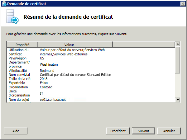 Boîte de dialogue Résumé de la demande de certificat