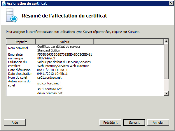 Boîte de dialogue Résumé de l’affectation du certificat