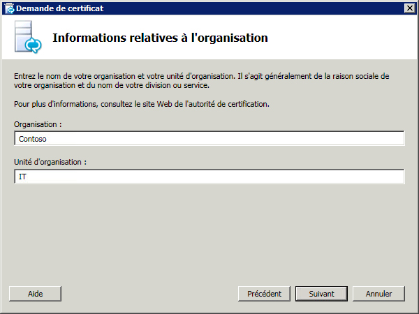 Boîte de dialogue Informations relatives à l’organisation