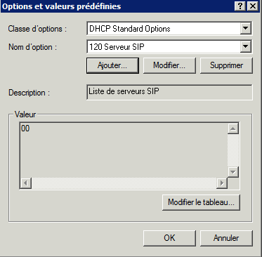 Options standard prédéfinies