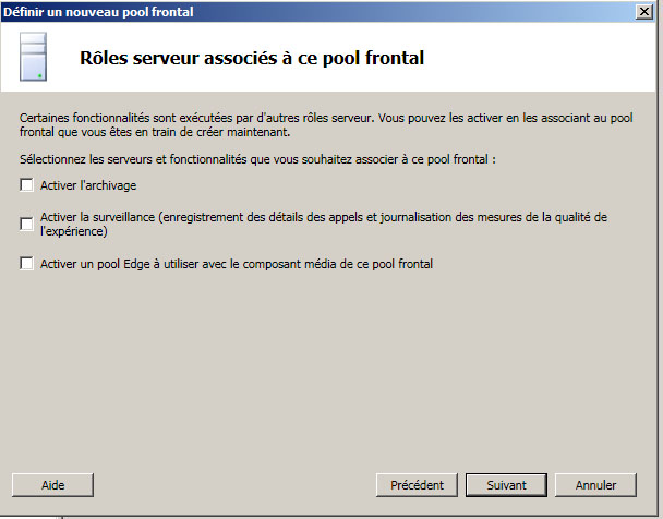 Boîte de dialogue Rôles serveur associés à ce pool frontal