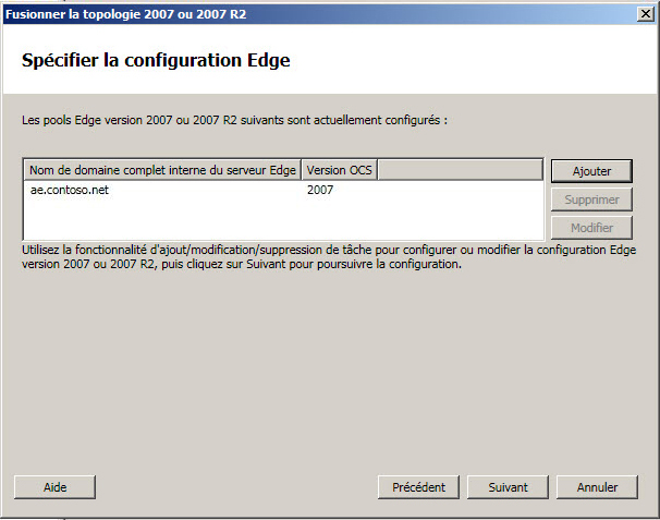 Fusion de topologies - Boîte de dialogue Spécifier la configuration Edge