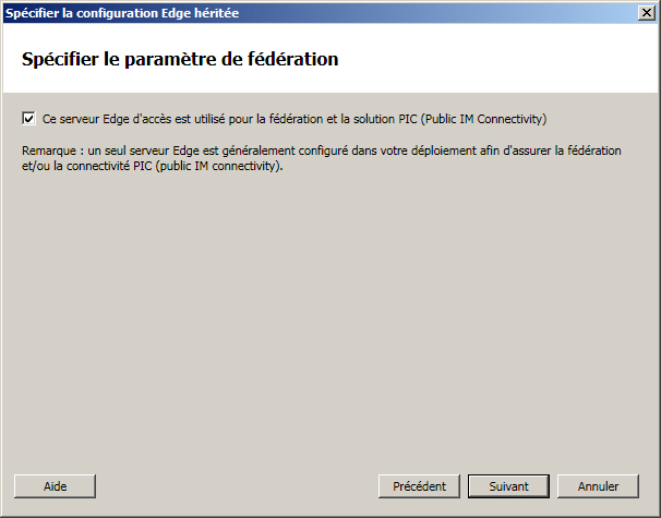 Boîte de dialogue Spécifier les paramètres de fédération