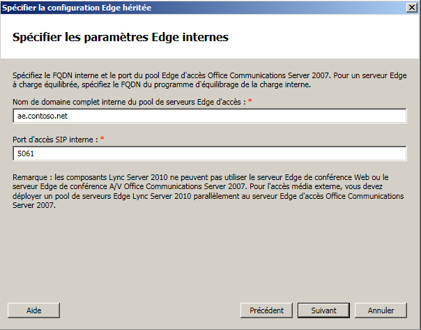 Boîte de dialogue Spécifier les paramètres de serveur Edge internes