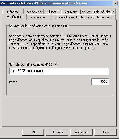 Office Communications Server - Propriétés globales
