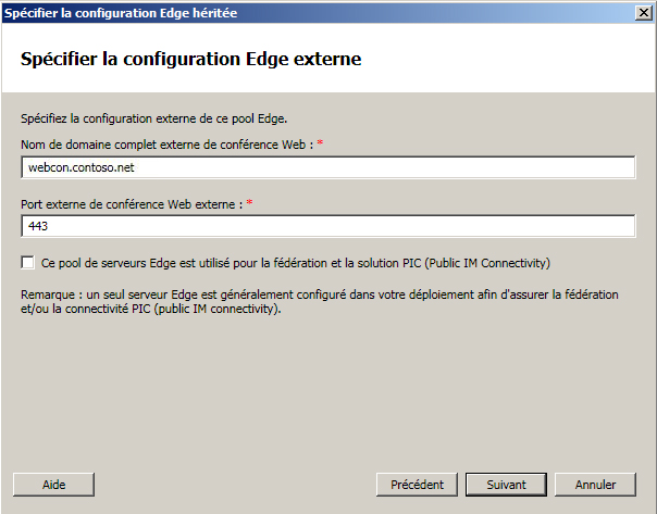 Page Spécifier la configuration Edge externe du Générateur de topologies