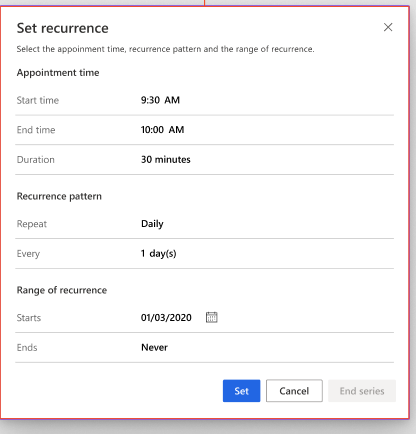 Recurrence Appointment dialog in UCI